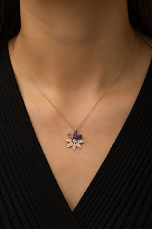 Kolye Üç Yaprağı Renkli Mix Taşlı Kabartma Dokulu Rose Altın Kaplama 925 Ayar Gümüş