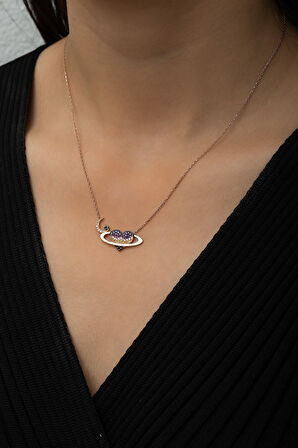 Satürn Kuşaklı Kalp Ay Yıldız Bayrak Kolye Rose Gold Kaplama 925 Ayar Gümüş, Uvps100493