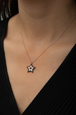 Siyah Taşlı Yıldız Kontürlü Kolye  Rose Gold Kaplama 925 Ayar Gümüş, Uvps100496