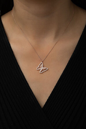 Motifli Kelebek Kolye Nano Zirkon Taşlı Rose Gold Kaplama 925 Ayar Gümüş, Uvps100497