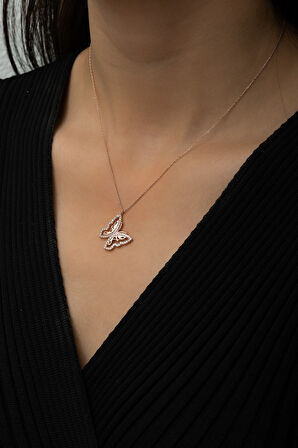 Motifli Kelebek Kolye Nano Zirkon Taşlı Rose Gold Kaplama 925 Ayar Gümüş, Uvps100497