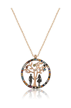 Hayat Ağacı Sevgili Aşk Kolye Renkli Taşlı Rose Gold Kaplama 925 Ayar Gümüş Uvps100509