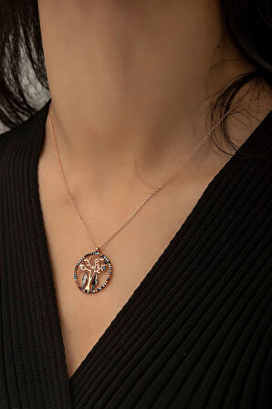 Hayat Ağacı Sevgili Aşk Kolye Renkli Taşlı Rose Gold Kaplama 925 Ayar Gümüş Uvps100509