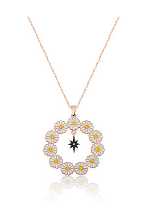 Papatya Çemberi Siyah Kutup Yıldızı Sallantılı Gümüş Kolye Uvps100513