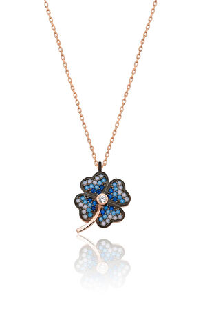 Mavi Yonca Kolye Renkli Taş Rose Kaplama 925 Ayar Gümüş Uvps100518