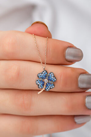 Mavi Yonca Kolye Renkli Taş Rose Kaplama 925 Ayar Gümüş Uvps100518