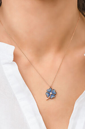 Mavi Yonca Kolye Renkli Taş Rose Kaplama 925 Ayar Gümüş Uvps100518