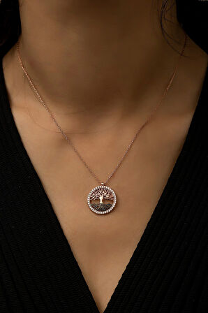 Kadın Hayat Ağacı Nano Zirkon Taşlı Rose 925 Ayar Gümüş Kolye  Uvps100520