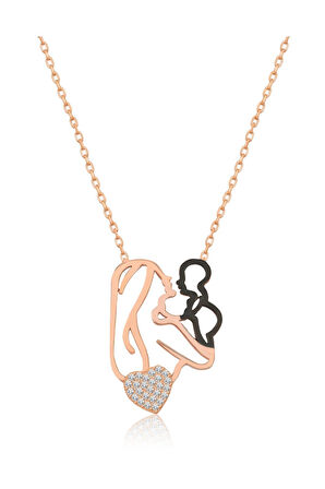 Anne Çocuk Kalp Kolye Nano Zirkon Rose Gold Kaplama Gümüş Uvps100534