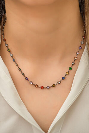 925 Ayar Gümüş Sıralı Mix Taşlı Tiffany Kolye