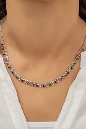 Kadın Kolyesi 925 Ayar Gümüş Mix Renkli Taşlı