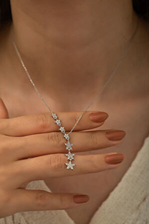 Kayan Yıldızlar Kolye Nano Zirkon Taşlı Rodyum Kaplama Gümüş