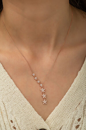 Kayan Yıldızlar Kolye Nano Zirkon Taşlı Rose Altın Kaplama Gümüş