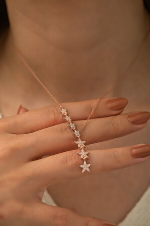 Kayan Yıldızlar Kolye Nano Zirkon Taşlı Rose Altın Kaplama Gümüş