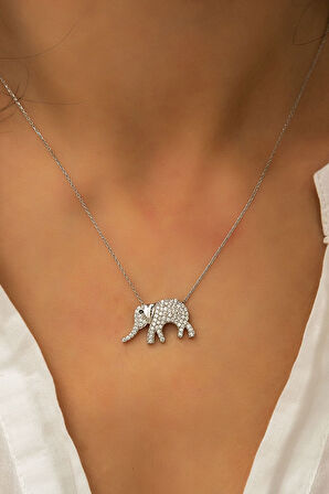 925 Ayar Rodyum Kaplama Zirkon Taşlı Gümüş Fil Kolye