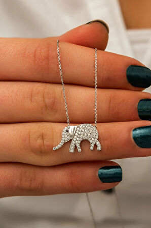 925 Ayar Rodyum Kaplama Zirkon Taşlı Gümüş Fil Kolye