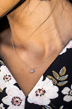 925 Ayar Rose Altın Kaplama Elmas Montür Gümüş Çiçek Kolye