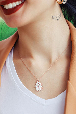 925 Ayar Gümüş Rose Altın Kaplama Desenli Fatmaeli Kolye