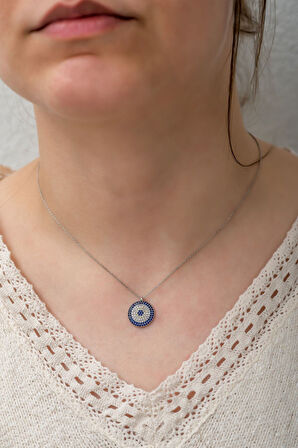 925 Ayar Rodyum Zirkon Taşlı Gümüş Nazar Kolye