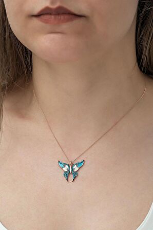 925 Ayar Turkuaz Taşlı Gümüş Kelebek Kolye