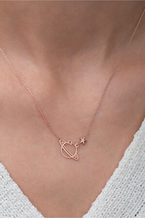 Orta Boy Gezegen Kolye Rose Altın Kaplama 925 Ayar Gümüş Uvps100862