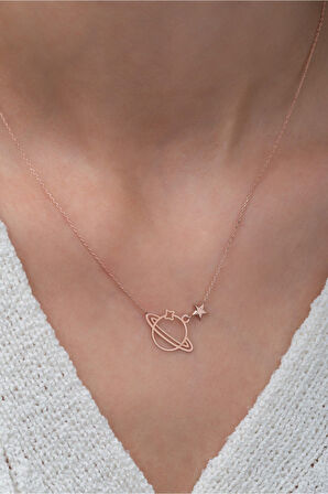 Büyük Boy Gezegen Kolye Rose Altın Kaplama 925 Ayar Gümüş Uvps100863