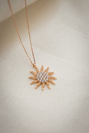 925 Ayar Rose Altın Kaplama Zirkon Taşlı Gümüş Güneş Kolye