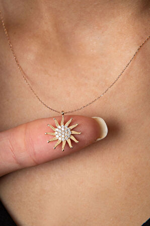 925 Ayar Rose Altın Kaplama Zirkon Taşlı Gümüş Güneş Kolye