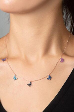 Kadın Renkli Kelebek Model 925 Ayar Gümüş Kolye