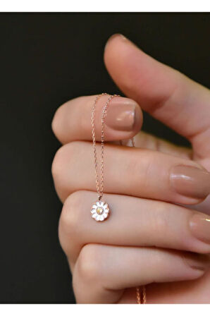 Kadın Taşlı Papatya Model Rose Kaplama 925 Ayar Gümüş Kolye