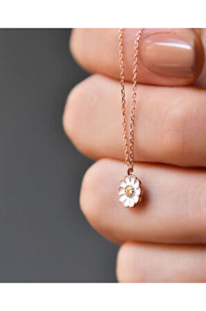 Kadın Taşlı Papatya Model Rose Kaplama 925 Ayar Gümüş Kolye