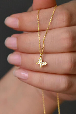 925 Ayar Gümüş Gold Kaplama Beyaz Taşlı Minimal Kelebek Kolye