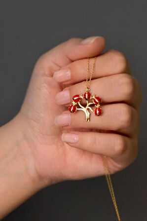 925 Ayar Gümüş Gold Kaplama Uğur Böcekli Hayat Ağacı