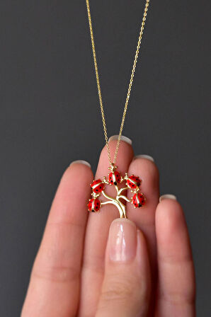 925 Ayar Gümüş Gold Kaplama Uğur Böcekli Hayat Ağacı