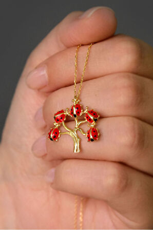 925 Ayar Gümüş Gold Kaplama Uğur Böcekli Hayat Ağacı