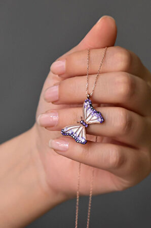 925 Ayar Gümüş Lila Mineli Kelebek Kolye