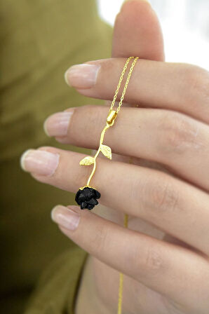 925 Ayar Gümüş Gold Kaplama Kara Gül Kolye