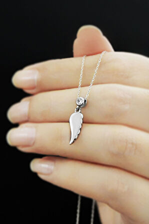 925 Ayar Gümüş Tek Taşlı Kanat Rodyum Kaplama Kolye