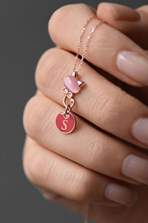 925 Ayar Gümüş Rose Kaplama Ay Taşı S Harfli Kedi Kolye