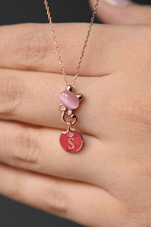 925 Ayar Gümüş Rose Kaplama Ay Taşı S Harfli Kedi Kolye