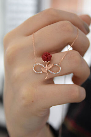 925 Ayar Gümüş Sonsuzluk Kırmızı Gül Kolye