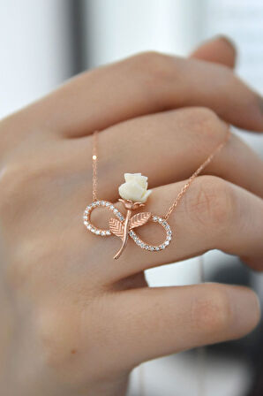 925 Ayar Gümüş Sonsuzluk Rose Beyaz Mercan Gül Kolye