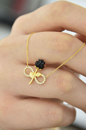 925 Ayar Gümüş Gold Kaplama Sonsuzluk Kara Gül Kolye