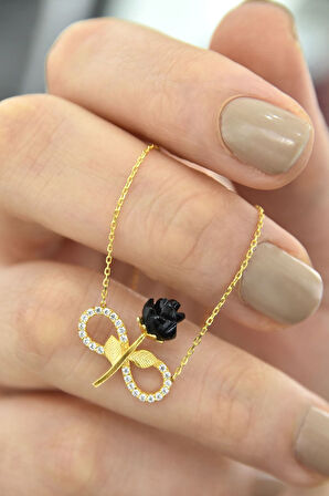 925 Ayar Gümüş Gold Kaplama Sonsuzluk Kara Gül Kolye