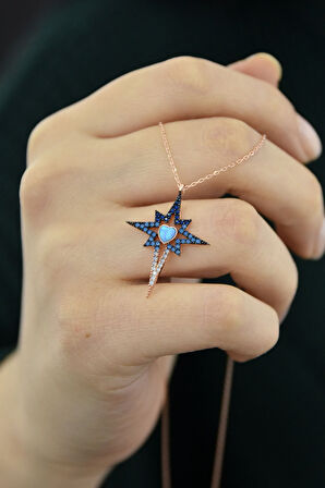 925 Ayar Gümüş Rose Kaplama Mavi Akışlı Kalpli Kutup Yıldızı Kolye