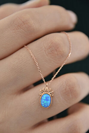 925 Ayar Gümüş Rose Kaplama Turkuaz Opal Taşlı Ananas Kolye