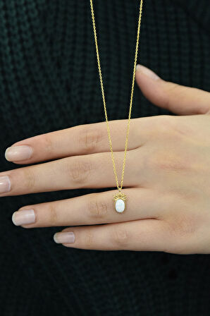 925 Ayar Gümüş Gold Kaplama Beyaz Opal Taşlı Ananas Kolye