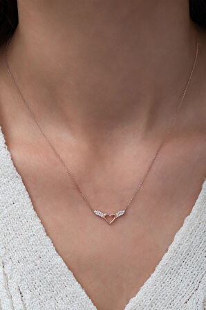 925 Ayar Gümüş Rose Kaplama Peri Kanadı Kalp Kolye