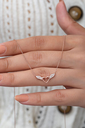 925 Ayar Gümüş Rose Kaplama Peri Kanadı Kalp Kolye