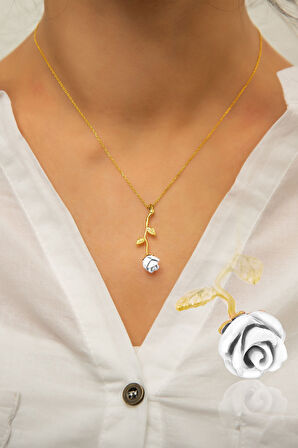 925 Ayar Gümüş Altın Kaplama Beyaz Gül Kolye